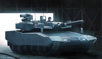 1girl artist_name black_hair dead-robot gun leopard_2 machine_gun military military_vehicle motor_vehicle original short_hair tank warehouse weapon
