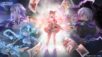 Rule 34 | 1boy, 3girls, 4girls, aether gazer, artist request, bandaged leg, bandages, bandaid, bandaid on face, bandaid on knee, bandaid on leg, bandaid on nose, blue hair, braid, breasts, camera, cardigan, chain, character request, cleavage, cleavage cutout, closed mouth, clothing cutout, copyright name, copyright notice, dress, earrings, grey cardigan, grey hair, highres, holding, holding camera, jewelry, multiple girls, official art, open cardigan, open clothes, open mouth, orange eyes, photo (object), pouch, shadow, shoes, socks, thigh pouch, white dress, white socks, yellow eyes