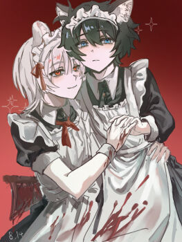 2boys akinashi_haru animal_ear_request apron axe bags_under_eyes black_dress black_hair blood blood_on_clothes blue_eyes cat_boy collared_dress commentary crossdressing crossdressing_(mtf) dress gradient_background hand_on_another's_hip highres holding holding_axe holding_hands huazijunmeitiandouhaoshuaie long_sleeves looking_at_viewer maid maid_headdress male_maid multiple_boys red_background red_eyes saihate_eki short_hair short_sleeves smile sparkle symbol-only_commentary tatsunami_shion white_apron white_hair