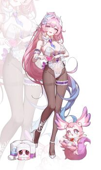 1girl absurdres alternate_costume b1n_(b1n982079) black_pantyhose blue_hair blush breasts collar commentary cyrene_(demiurge)_(honkai:_star_rail) cyrene_(honkai:_star_rail) detached_collar english_commentary flower four-finger_heart_hands full_body gradient_hair hair_flower hair_ornament heart heart_hands highres honkai:_star_rail honkai_(series) large_breasts leotard long_hair looking_at_viewer mem_(honkai:_star_rail) multicolored_hair necktie open_mouth pantyhose pink_hair purple_flower purple_necktie shoes strapless strapless_leotard teeth thigh_strap upper_teeth_only very_long_hair white_background white_collar white_leotard white_shoes zoom_layer