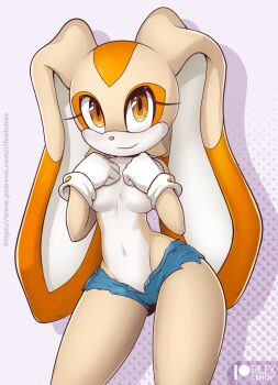 1girl aged_up areola_slip artist_name blush breasts covering_breasts covering_privates cream_the_rabbit female_focus furry furry_female gloves legs medium_breasts navel orange_eyes patreon_logo patreon_username rabbit_girl rilex_lenov sega short_shorts shorts simple_background smile solo sonic_(series) topless_female white_gloves