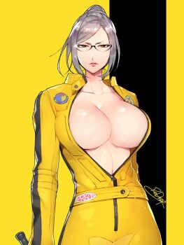 Rule 34 | 10s, 1girl, arm at side, beatrix kiddo, beatrix kiddo (cosplay), black background, breasts, brown eyes, bruce lee's jumpsuit, cleavage, collarbone, cosplay, female focus, hair bun, holding, holding sword, holding weapon, kill bill, large breasts, long sleeves, looking at viewer, neck, no bra, open clothes, parody, parted bangs, parted lips, pink lips, prison school, redrop, shiny skin, shiraki meiko, short hair, signature, single hair bun, solo, sparkle, sword, two-tone background, upper body, weapon, yellow background
