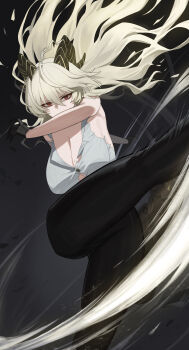 1girl absurdres black_horns black_pants blonde_hair breasts button_gap commentary curled_horns hair_between_eyes highres horns large_breasts long_hair looking_at_viewer mole mole_on_breast oro_(lsg0624) pants red_eyes shirt solo torn_clothes torn_shirt white_shirt wuthering_waves zani_(wuthering_waves)