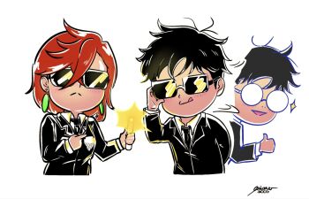 1boy 1girl :&lt; :q adjusting_eyewear ariane_(arianedotco) arm_behind_back artist_name ayase_momo black_hair black_jacket black_necktie blush bob_cut brown_hair chibi chibi_only closed_mouth collared_shirt commentary cosplay cropped_torso crossed_bangs dandadan dress_shirt earrings english_commentary flashing formal_clothes glasses hair_between_eyes highres holding jacket jewelry licking_lips long_sleeves loose_hair_strand making-of_available medium_hair men_in_black messy_hair motion_blur motion_lines necktie neuralyzer opaque_glasses parted_lips pendant_earring pointing pointing_at_object rectangular_eyewear round_eyewear serious shirt side-by-side signature simple_background smile sparkle suit suit_jacket sunglasses takakura_ken_(dandadan) thumbs_up tongue tongue_out wavy_hair white_background white_shirt