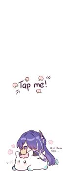 1girl acheron_(honkai:_star_rail) animal_ears aqua_hair bright_pupils chibi crown english_text flower food fruit gloves hair_ornament hair_over_one_eye highres honkai:_star_rail honkai_(series) horse_ears little_ica_(honkai:_star_rail) meme mini_crown peach pegasus pink_hair purple_hair samlatte shirt tail tap_me_(meme) white_shirt white_streaks