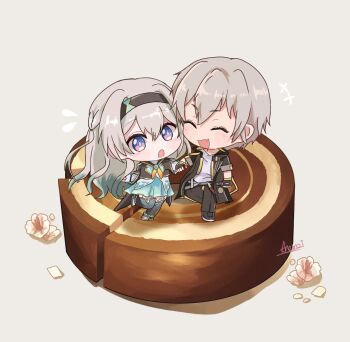 Rule 34 | 1boy, 1girl, :o, anemonenot, aqua dress, aqua thighhighs, blush, brown hairband, brown jacket, caelus (honkai: star rail), dress, fang, firefly (honkai: star rail), flying sweatdrops, gradient hair, green pupils, grey hair, hair between eyes, hair intakes, hairband, highres, honkai: star rail, honkai (series), jacket, long hair, multicolored eyes, multicolored hair, neckerchief, oak cake roll (honkai: star rail), open mouth, orange neckerchief, signature, skin fang, smile, thighhighs, trailblazer (honkai: star rail)