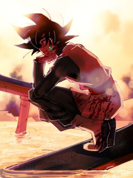 1boy black_bodysuit black_eyes black_hair black_pants blood blood_on_clothes blood_on_face bodysuit dougi dragon_ball dragon_ball_super earrings goku_black hand_on_chin highres jewelry long_sleeves looking_ahead pants potara_earrings rz_pasta saiyan smile solo spiked_hair