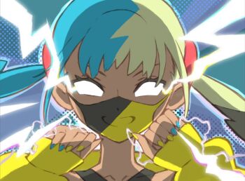 1girl aqua_hair black_mask blank_eyes blonde_hair canari_(pokemon) draythusiast glowing glowing_eyes jacket lightning mask meme mouth_mask multicolored_hair nintendo pokemon pokemon_legends:_z-a short_twintails split-color_hair twintails two-tone_hair two-tone_mask yellow_jacket yellow_mask you_should_kill_yourself_now_(meme)