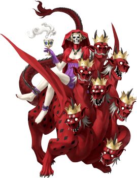 Rule 34 | 1girl, absurdres, alcohol, barefoot, blank eyes, chalice, crossed legs, crown, cup, demon (megami tensei), dragon, grey hair, highres, holding, holding cup, horns, kazuma kaneko, monster, mother harlot (megami tensei), multiple heads, multiple horns, official art, pointy ears, riding, shin megami tensei, shin megami tensei iii: nocturne, skull, solo, third-party source, transparent background, tusks, wine, wings