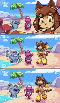 1girl animal_ears bikini breasts brown_hair cat_ears cat_girl cat_tail commentary dinosaur dolphin english_commentary flappers_(gameoverse) furry furry_female gameoverse gauntlets gobbles_(gameoverse) goggles goggles_on_head highres kit_bodega michafrar muscular muscular_male official_alternate_costume official_art pixel_art red_eyes sleeveless swimsuit tail whiskers