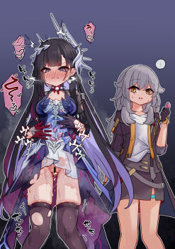 ... 2girls asymmetrical_gloves bar_censor black_hair black_jacket black_skirt black_thighhighs blue_dress blush censored closed_mouth commentary_request controller dress egg_vibrator gloves grey_hair hair_ornament heart highres honkai:_star_rail honkai_(series) hysilens_(honkai:_star_rail) jacket long_hair lucifina_006 mismatched_gloves multiple_girls parted_lips purple_background purple_eyes pussy pussy_juice red_gloves remote_control sex_toy shirt skirt spoken_ellipsis spoken_heart stelle_(honkai:_star_rail) sweat thigh_strap thighhighs torn_clothes torn_thighhighs trailblazer_(honkai:_star_rail) vibrator white_shirt yellow_eyes yuri