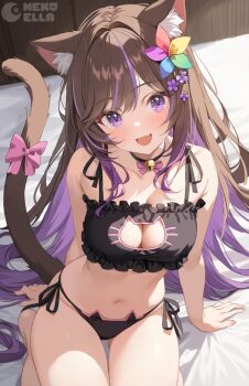 1girl animal_ears armpit_crease bare_arms bare_shoulders bell black_choker bow bra breasts brown_hair cat_cutout cat_ear_panties cat_ears cat_girl cat_lingerie cat_tail choker cleavage cleavage_cutout clothing_cutout commission fang flower frilled_bra frills hair_flower hair_ornament highres indie_virtual_youtuber jingle_bell lingerie long_hair looking_at_viewer medium_breasts multicolored_hair navel neko_ella open_mouth panties purple_eyes purple_hair second-party_source side-tie_panties skeb_commission smile solo stomach streaked_hair string_panties tail tail_bow tail_ornament tail_raised thighs two-tone_hair underwear underwear_only very_long_hair virtual_youtuber yahako