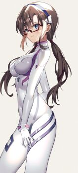 Rule 34 | 1girl, @shun, absurdres, blue eyes, bodysuit, breasts, brown hair, evangelion: 3.0+1.0 thrice upon a time, glasses, hairband, hand on own thigh, highres, long hair, looking at viewer, makinami mari illustrious, mecha pilot suit, medium breasts, neon genesis evangelion, plugsuit (evangelion), rebuild of evangelion, red-framed eyewear, smile, solo, twintails, white bodysuit