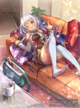 1girl black_shirt blue_eyes breasts coffee coffee_mug copyright_notice couch cup jacket looking_at_viewer lying medium_breasts mug multicolored_hair official_art on_back on_couch one_eye_closed ori_simo pink_hair servant_t_(wixoss) shirt smile solo streaked_hair thighhighs white_hair white_jacket white_thighhighs wixoss