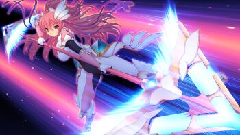 Rule 34 | 1girl, armor, armored boots, bodysuit, boots, breasts, dual wielding, en ciel rena, en ciel rena (aegis), faulds, floating hair, full body, game cg, gauntlets, gloves, hair ornament, holding, holding weapon, kourin tenshi en ciel rena, large breasts, large variant set, long hair, looking at viewer, magical girl, motion blur, motion lines, non-web source, official art, pink eyes, pink hair, polearm, red eyes, ribbon, saitou natsuki, serious, slashing, solo, spear, speed lines, suhamaya, tomoe rena, vambraces, variant set, weapon