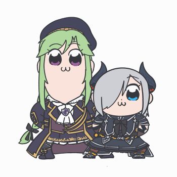 Rule 34 | 2girls, :3, arms behind back, ascot, assault lily, beret, bkub (style), black boots, black bow, black bowtie, black coat, black hat, black horns, black jacket, black pantyhose, black skirt, blue eyes, boots, bow, bowtie, brown gloves, brown pantyhose, brown vest, chibi, chinese commentary, closed mouth, coat, commentary request, demon horns, elbow gloves, full body, gloves, green hair, grey background, grey hair, hair bow, hair over one eye, hat, height difference, highres, horns, jacket, kasa (kasa mayulove), legs apart, long hair, long sleeves, looking at viewer, miniskirt, multiple girls, murakami tokiwa, one eye covered, open clothes, open coat, pantyhose, poptepipic pose, purple eyes, sekino youko, short hair, short sleeves, simple background, skirt, smile, standing, very long hair, vest, waist cape, white ascot