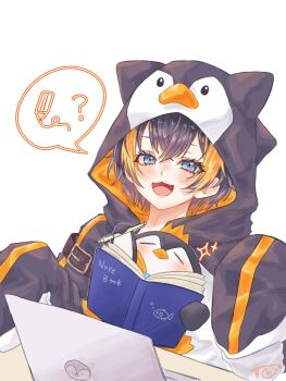 1girl :3 :d ? animal_hood artist_name blue_eyes blush book commentary computer english_commentary hair_between_eyes highres holding holding_book hood hood_up laptop looking_at_viewer nijisanji nijisanji_en notebook open_mouth penguin_hood pentomo_(petra_gurin) petra_gurin petra_gurin_(1st_costume) short_hair signature simple_background sleeves_past_fingers sleeves_past_wrists smile speech_bubble spoken_question_mark vcp_(nijisanji_thank) virtual_youtuber white_background