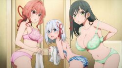 3girls amagami-san_chi_no_enmusubi amagami_asahi amagami_yae amagami_yuna animated anime_screenshot ass black_hair blue_bra blue_eyes blue_panties bra breasts cleavage collarbone green_bra green_eyes hair_ribbon highres large_breasts long_hair looking_at_viewer medium_breasts multiple_girls navel open_bra panties parted_lips pink_bra pink_panties red_eyes red_hair red_ribbon ribbon short_hair siblings sisters small_breasts sound stomach tagme thighs underwear underwear_only video white_hair