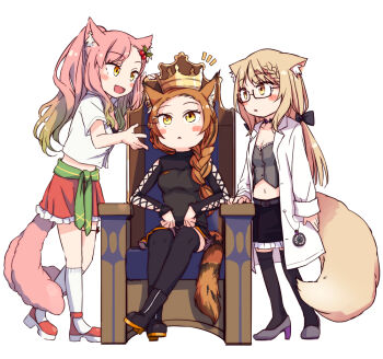 3girls :d :o animal_ears belt black_footwear black_skirt black_thighhighs blush_stickers boots borrowed_character bow braid breasts brown_eyes brown_hair cleavage clenched_hands coat collared_shirt commentary commission cross-laced_armwear crown dress_shirt english_commentary frilled_skirt frills full_body girl_sandwich glasses grey_vest hair_bow high_heels kneehighs lab_coat light_brown_hair long_sleeves low_twintails medium_breasts midriff mixed-language_commentary multiple_girls open_clothes open_coat open_mouth open_shirt original pink_hair pocket_watch red_footwear red_skirt ryuunosuke_(luckyneco) sandwiched shirt short_sleeves simple_background single_braid sitting skeb_commission skirt small_breasts smile socks standing tail thigh_strap thighhighs throne triangle_mouth twintails vest watch white_background white_shirt white_socks