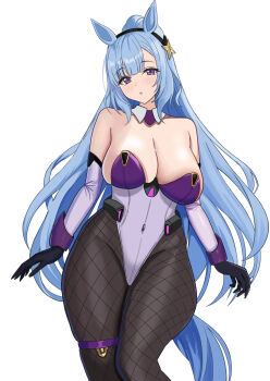 1girl absurdres animal_ears bare_shoulders black_gloves black_pantyhose blue_hair blue_tail breasts cleavage detached_sleeves fishnet_pantyhose fishnets g_bael_suomi gloves grey_leotard highleg highleg_leotard highres horse_ears horse_girl horse_tail large_breasts leotard long_hair looking_at_viewer mejiro_ardan_(umamusume) mixed-language_commentary pantyhose ponytail purple_eyes simple_background solo strapless strapless_leotard tail umamusume white_background