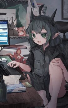 1girl absurdres black_horns braid chair character_doll commission computer computer_mouse doll elf elfinpsyop facial_mark five_nights_at_freddy's foxy_(fnaf) green_eyes green_hair grey_shirt highres horns indie_virtual_youtuber indoors knee_up laptop long_hair monitor multicolored_hair nanana_(nanana_iz) on_chair open_mouth pointy_ears second-party_source shirt sitting skeb_commission solo streaked_hair stuffed_animal stuffed_toy tissue_box twin_braids virtual_youtuber