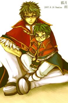 2boys black_gloves capelet closed_mouth commentary_request dated full_body fur-trimmed_capelet fur_trim glasses gloves green_eyes green_hair grey_eyes high_wizard_(ragnarok_online) looking_at_viewer male_focus multiple_boys namina_(ugetsu_kitsune) painttool_sai_(medium) pants ragnarok_online red_capelet shoes short_hair sitting smile white_background white_pants white_shoes