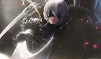 1girl 2b_(nier:automata) black_dress blindfold blurry blurry_background breasts cleavage dark_background dress facing_viewer female_focus highres limgae lips machine medium_breasts mole mole_under_mouth nier:automata nier_(series) revision robot silver_hair solo sword upper_body watermark weapon weapon_on_back web_address