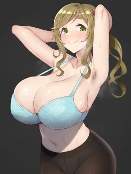1girl absurdres armpit_hair armpits arms_behind_head arms_up bad_link blonde_hair blue_bra blush bra breasts brown_pantyhose bursting_breasts cleavage fang green_eyes grey_background highres huge_breasts inuyama_aoi lingerie long_hair looking_at_viewer midriff navel panties panties_under_pantyhose pantyhose ponytail presenting_armpit sideboob sidelocks simple_background skin_fang smile solo steaming_body strap_gap sweat swept_bangs tedain thick_eyebrows underwear upper_body wavy_hair yurucamp