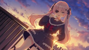 1girl anis_bennett black_bow black_sailor_collar black_shirt black_skirt blue_eyes blue_sky bow candy cityscape closed_mouth cloud commentary_request dutch_angle eyepatch food frilled_sailor_collar frilled_skirt frilled_sleeves frills hair_bow highres holding holding_candy holding_food holding_lollipop lollipop long_hair long_sleeves looking_at_viewer muv-luv_girls_garden outdoors pink_hair puffy_long_sleeves puffy_sleeves railing red_bow rennkuu sailor_collar shirt skirt sky sleeves_past_wrists solo sunset tongue tongue_out twintails very_long_hair