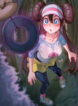 1girl @_@ absurdres black_pantyhose blue_eyes blue_shoes blush breasts bright_pupils brown_hair coin collarbone commentary dilan_griz double_bun english_commentary full_body gen_1_pokemon hair_between_eyes hair_bun highres holed_coin hypno hypnosis long_hair looking_up medium_breasts mind_control nintendo open_mouth outdoors pantyhose pantyhose_under_shorts pokemon pokemon_(creature) pokemon_bw2 rosa_(pokemon) shirt shoes short_sleeves shorts small_sweatdrop solo_focus twintails visor_cap white_pupils white_shirt yellow_shorts