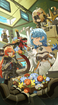 2others 4girls absurdres aqua_eyes bare_shoulders black_gloves blindfold blindfold_mask blonde_hair blue_hair clenched_teeth dress elbow_gloves fingerless_gloves flower gloves grey_hair grin highres hyny long_hair long_sleeves looking_at_another magus_(zenless_zone_zero) mask mecha medium_hair mole multiple_girls multiple_others obol_squad_(zenles_zone_zero) open_mouth orange_hair orange_pupils orphie_magnusson pointy_ears robot seed_(zenless_zone_zero) seed_sr. side_ponytail smile soldier_11_(zenless_zone_zero) tail teeth trigger_(zenless_zone_zero) white_gloves yellow_gloves zenless_zone_zero zzz