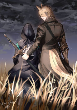 1boy 1other absurdres animal_ears arknights black_coat black_jacket clothing_cutout cloud coat commentary_request doctor_(arknights) feet_out_of_frame field frown gauntlets glint grey_sky highres holding holding_sword holding_weapon hood hood_up hooded_jacket horse_boy horse_ears horse_tail jacket looking_at_viewer looking_back mlynar_(arknights) outdoors partial_commentary protecting rhodes_island_logo_(arknights) signature single_gauntlet sky sword tail tail_through_clothes tsugomori_kai watermark weapon wheat wheat_field yellow_eyes