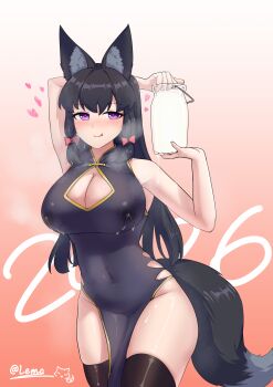 Rule 34 | 1girl, 2026, :q, animal ear fluff, animal ears, arm behind head, arm up, bare arms, bare shoulders, black dress, black hair, black tail, black thighhighs, blush, bottle, bow, breasts, china dress, chinese clothes, chinese zodiac, cleavage, cleavage cutout, closed mouth, clothing cutout, covered navel, cowboy shot, dress, facial mark, fox ears, fox girl, fox tail, gold trim, gradient background, grey tail, groin, hair bow, hand up, heart, heart-shaped pupils, holding, holding bottle, lactation, lactation through clothes, large breasts, lemou, licking lips, long hair, looking at viewer, low-tied sidelocks, milk, milk bottle, nose blush, original, purple eyes, red background, red bow, seductive smile, sidelocks, simple background, sleeveless, sleeveless dress, smile, solo, steam, straight hair, symbol-shaped pupils, tail, thighhighs, tight clothes, tight dress, tongue, tongue out, year of the horse