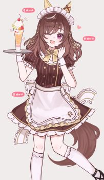 Rule 34 | 1girl, animal ears, apron, blush, bow, bowtie, braid, breasts, brown hair, brown shirt, brown skirt, buena vista (umamusume), commentary request, ear covers, food, hair between eyes, hair ornament, heart, highres, holding, holding tray, horse ears, horse girl, horse tail, kneehighs, looking at viewer, mayuchi427, medium hair, mood (umamusume), one eye closed, open mouth, parfait, puffy short sleeves, puffy sleeves, purple eyes, shirt, shoes, short sleeves, simple background, skirt, smile, socks, solo, tail, tray, umamusume, waist apron, waitress, white apron, white headdress, white socks, wrist cuffs, yellow bow, yellow bowtie