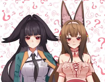 2girls ? absurdres animal_ear_fluff animal_ears aqua_jacket arm_out_of_sleeve armband bare_shoulders black_hair black_necktie blunt_bangs breasts brown_hair by_nearreya cleavage closed_mouth collarbone commentary cross-laced_clothes cross-laced_top droopy_ears fox_ears fox_girl frilled_armband frilled_shirt frilled_shirt_collar frills hairband hashtag-only_commentary high-waist_skirt highres hoshimi_miyabi id_card jacket long_hair looking_at_viewer medium_breasts multiple_girls necktie official_alternate_costume question_mark_print red_eyes shirt skirt species_switch upper_body v-shaped_eyebrows white_armband white_background white_hairband white_shirt ye_shunguang zenless_zone_zero