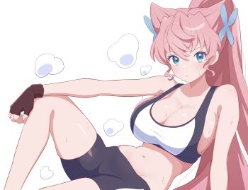 1girl :&lt; absurdres bare_arms bare_shoulders black_gloves black_shorts black_sports_bra blue_eyes blush breasts butterfly_hair_ornament cleavage closed_mouth commentary fingerless_gloves gloves gmkz_kawaii hair_between_eyes hair_ears hair_ornament highres knee_up large_breasts long_hair looking_at_viewer maria_cadenzavna_eve midriff navel pink_hair ponytail reclining senki_zesshou_symphogear shorts simple_background solo sports_bra steaming_body sweat two-tone_sports_bra very_long_hair white_background white_sports_bra