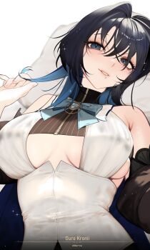 absurdres black_hair black_shirt black_sleeves blue_bow blue_bowtie blue_cape blue_eyes blue_hair bow bowtie breasts brooch cape cleavage cleavage_cutout clothing_cutout colored_inner_hair commentary cropped_shirt grey_sleeves hair_intakes head_on_pillow heart heart-shaped_gem heart_brooch highres hololive hololive_english jewelry large_breasts looking_at_viewer lying medium_hair multicolored_hair ohkurrva on_back ouro_kronii ouro_kronii_(1st_costume) parted_lips pillow pinstripe_pattern pinstripe_shirt shirt simple_background sleeveless sleeveless_shirt twirling_hair vest virtual_youtuber white_background white_vest