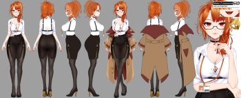 1girl absurdres black_choker black_leggings black_shoes black_skirt breasts brown_jacket character_name choker glasses grey_background high-waist_skirt high_heels highres holding holding_pen id_card indie_virtual_youtuber jacket jacket_partially_removed jean_faymas_(artist) lanyard large_breasts leggings long_hair mako_fukasame messy_hair multiple_views off_shoulder office_lady official_art orange_hair pen ponytail red_eyes red_nails reference_sheet sharp_teeth shirt shoes skirt sleeves_rolled_up teeth turnaround virtual_youtuber white_shirt
