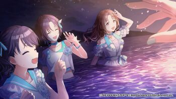 4girls ahoge aqua_eyes aqua_hair asakura_toru black_hair blue_ribbon blue_sailor_collar brown_eyes brown_hair byakko_creator clear_marine_calm_(idolmaster) commentary_request fukumaru_koito gradient_hair hair_ornament hairclip higuchi_madoka ichikawa_hinana idolmaster idolmaster_shiny_colors long_hair miniskirt multicolored_hair multiple_girls night noctchill_(idolmaster) ocean official_art open_mouth purple_eyes ribbon sailor_collar skirt water