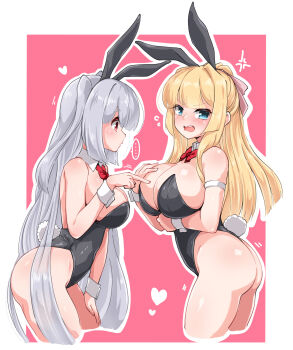 ... 2girls anger_vein animal_ears arm_strap arm_under_breasts ass bare_shoulders blonde_hair blue_eyes blush border borrowed_character bow bowtie breasts cleavage closed_mouth commentary_request cropped_legs detached_collar embarrassed fake_animal_ears fake_tail from_side grey_hair hair_ribbon highres huyusilver large_breasts leaning_forward long_hair looking_at_viewer motion_lines multiple_girls one_side_up original pink_background pink_ribbon poking_another's_breast ponytail profile rabbit_ears rabbit_tail red_bow red_bowtie red_eyes ribbon sidelocks simple_background speech_bubble spoken_ellipsis tail v_arms very_long_hair white_border wrist_cuffs yuri