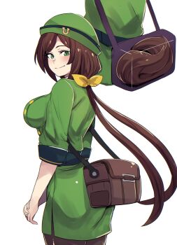 1girl bag bow bowler_hat brown_hair commentary formal_clothes from_side green_hat green_jacket hair_bow hat hayakawa_tazuna highres hinghoi horse_girl horse_tail jacket long_hair looking_at_viewer multiple_views shoulder_bag skirt skirt_suit smile solo split_ponytail suit symbol-only_commentary tail umamusume white_background