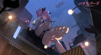 1girl absurdres anklet barefoot black_bow black_bra blue_shirt bow bra breasts buckle building chain-link_fence construction_site copyright_name earrings feet fence foot_focus from_above giant giantess grin hair_bow hair_ornament hairclip haze/reverb heart heart-shaped_buckle highres hoop_earrings jewelry lamppost large_breasts leg_tattoo nail_polish nastya_a_elizabeth naughty_face official_alternate_costume official_art open_clothes panties panty_peek pink_eyes pink_hair purple_nails rain shirt sitting_on_building skyscraper smile tattoo two_side_up underwear wet wet_clothes