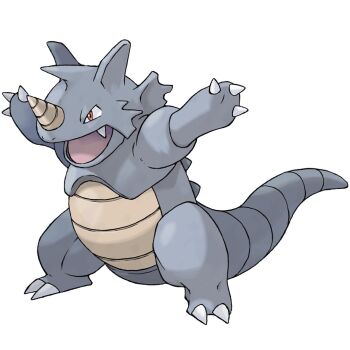 arms_up claws fangs full_body gen_1_pokemon horns nintendo no_humans nostrils official_art open_mouth pokemon pokemon_(creature) pokemon_focus pokemon_frlg red_eyes rhydon simple_background single_horn solo standing sugimori_ken third-party_source v-shaped_eyes white_background