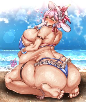 1girl absurdres alternate_body_size alternate_breast_size_(larger) anchor_symbol artist_name ass azur_lane beach big_belly bikini braid breasts flower food from_behind gigantic_breasts hair_flower hair_ornament hand_on_own_stomach hat head_tilt heart highres huge_ass lens_flare looking_at_viewer looking_back medium_hair ocean official_alternate_costume outdoors pink_hair plump popsicle pregnant rangrang seiza shiny_skin signature sitting sky solo suggestive_food sun_hat sweat swimsuit tartu_(azur_lane) tartu_(overthinking_summer)_(azur_lane) wet yellow_eyes