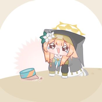 1girl :3 all_fours animal_ears armlet blue_archive blue_neckerchief braid cat_ears chibi chibi_only coif commentary_request crying crying_with_eyes_open dress flower hair_between_eyes hair_flower hair_ornament halo highres horuhara jewelry long_hair long_sleeves looking_at_viewer mari_(blue_archive) neckerchief nun orange_hair parody pet_food sailor_collar sailor_dress sidelocks simple_background single_braid solo style_parody tears trickcal white_sailor_collar yellow_halo