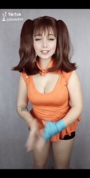 Rule 34 | 1girl, animated, animated gif, breasts, brown hair, cleavage, cosplay, dancing, diane (nanatsu no taizai), diane (nanatsu no taizai) (cosplay), large breasts, long hair, nanatsu no taizai, photo (medium), real life, shorts, sleeveless, twintails, yuno the loose