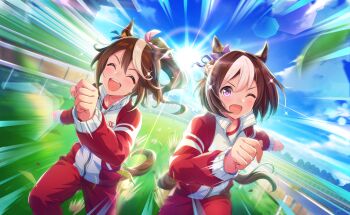 2girls ^_^ animal_ears artist_request blue_ribbon blue_sky bow braid brown_hair clenched_hands closed_eyes cloud collarbone cowboy_shot crest day dot_nose ear_bow ear_ornament ear_ribbon emphasis_lines floating_clothes floating_hair game_cg glint hair_between_eyes hair_bow hair_ribbon half_up_braid high_ponytail highres horse_ears horse_girl horse_tail jacket light_blush long_hair long_sleeves looking_ahead motion_blur multicolored_hair multicolored_jacket multiple_girls official_art one_eye_closed open_mouth outdoors pants pink_bow ponytail puffy_long_sleeves puffy_sleeves purple_bow purple_eyes purple_ribbon racing red_jacket red_pants ribbon running short_hair sky smile special_week_(umamusume) sportswear streaked_hair sun sweat sweatpants tail tareme teeth tokai_teio_(umamusume) tracen_training_uniform track_and_field track_jacket tree turtleneck turtleneck_jacket two-tone_jacket umamusume upper_teeth_only white_jacket zipper