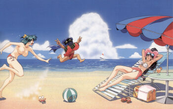 1990s_(style) 1boy 2girls aqua_hair armpits arms_behind_head barefoot beach beach_chair beach_umbrella bikini boat bow breasts chasing crab day double_v drink eyewear_on_head flip-flops food fruit hair_bow high_ponytail injuu_gakuen_la_blue_girl large_breasts long_hair midou_miko multiple_girls navel nin-nin nipples official_art open_mouth outdoors ponytail reclining red_bikini retro_artstyle rin-sin running sandals scan side-tie_bikini_bottom swimsuit umbrella unworn_sandals v very_long_hair watercraft watermelon white_bikini yaku yaku_(la_blue_girl)