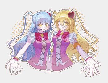 Rule 34 | + +, 2girls, :d, ;d, blonde hair, blue hair, bochishiraita, breasts, cropped torso, don quixote (project moon), e.g.o (project moon), grey background, hair ornament, hashtag-only commentary, heart, heart hair ornament, highres, in the name of love and hate (e.g.o), limbus company, lobotomy corporation, lobotomy corporation (identity) (project moon), long hair, long sleeves, looking at viewer, multiple girls, one eye closed, open mouth, outline, project moon, queen of hatred, simple background, sleeveless, smile, two side up, white outline, yellow eyes