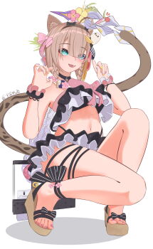 1girl absurdres animal_ears bikini black_bikini black_hairband blue_eyes blunt_bangs breasts brown_hair cat_ears cat_girl cat_tail chinese_commentary commentary_request green_eyes hairband heterochromia highres honkai_(series) honkai_impact_3rd medium_breasts midriff navel official_alternate_costume pardofelis pardofelis_(midsummer_collector) paw_pose qianjiaqiuhao sandals short_hair_with_long_locks simple_background solo squatting swimsuit tail toes white_background